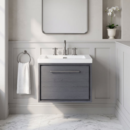 Fairford Tisse Graphite Grey Woodgrain 600mm 1 Drawer Wall Hung Vanity Unit with 3 Tap Hole Basin