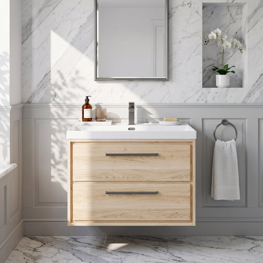 Fairford Tisse Bleached Oak 800mm 2 Drawer Wall Hung Vanity Unit with Thin Edged Basin