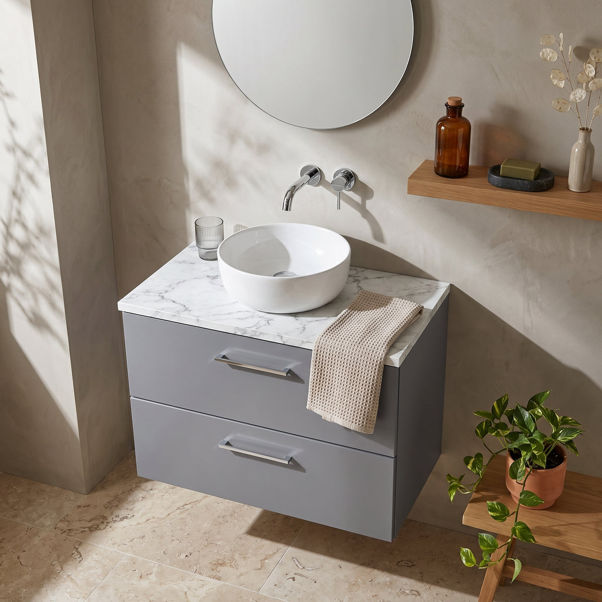 Fairford Aspri Satin Grey 800mm 2 Drawer Wall Hung Vanity Unit with Worktop