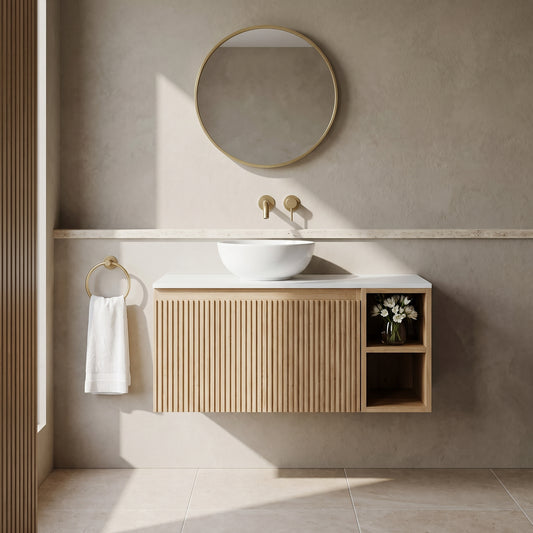 Fairford Sophia Country Oak 800mm Wall Hung Vanity Unit with Right Hand Storage and Worktop