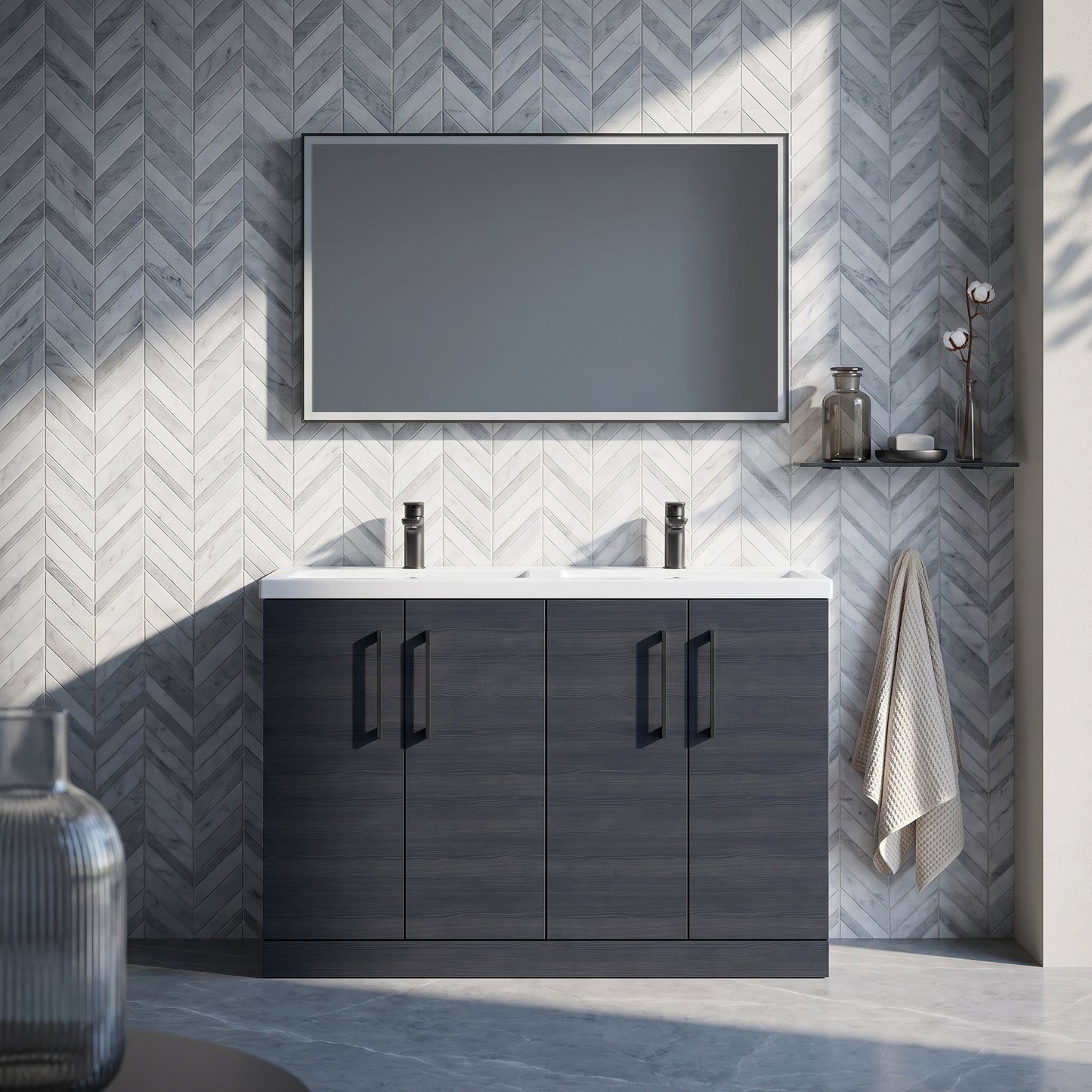 Fairford Aspri Black Woodgrain 1200mm Floorstanding Double Vanity Unit with Doors and Basin