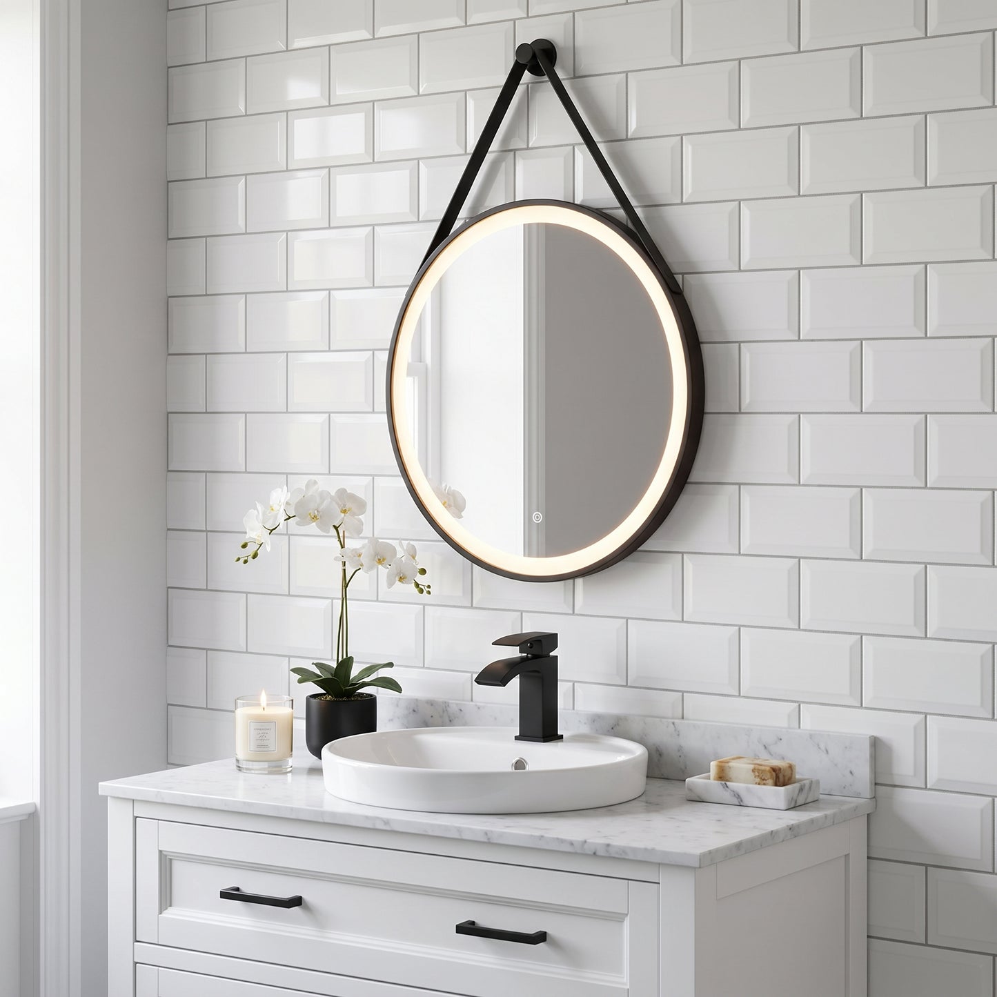 Fairford Belini Round Led Hanging Mirror - 600mm Wide - Matt Black