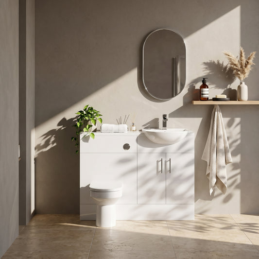 Dezine Clyde Gloss White 1000mm Pack, Vanity and WC Unit. White worktop. Chrome Fittings