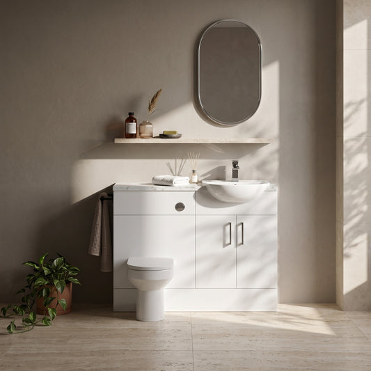 Dezine Clyde Gloss White 1100mm Pack, Vanity and WC Unit. Matt Marble worktop. Chrome Fittings