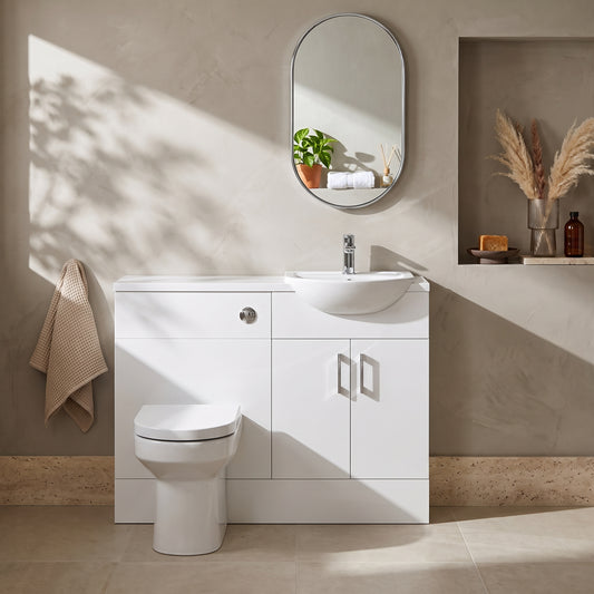 Dezine Clyde Gloss White 1100mm Pack, Vanity and WC Unit. White worktop. Chrome Fittings