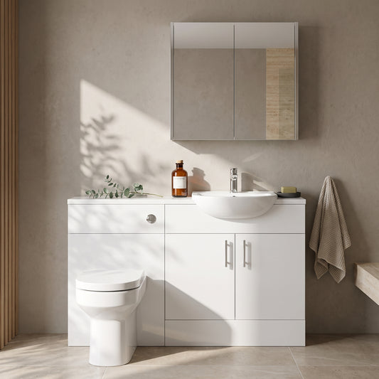 Dezine Clyde Gloss White 1200mm Pack, Vanity, WC and Mirror Unit. White worktop. Chrome Fittings