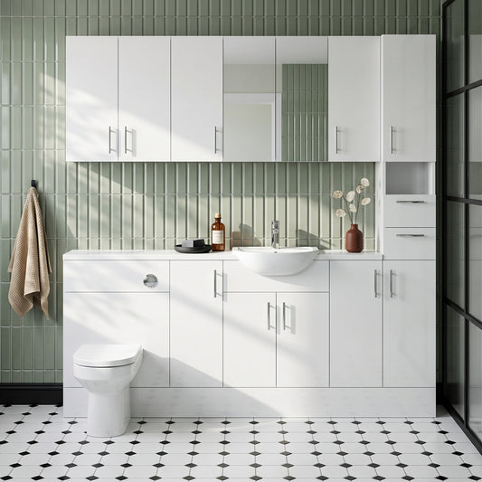 Dezine Clyde Gloss White 1900mm Pack, Vanity, WC, Stort Cupboards, Mirror Cabinet with Tall Cupboard. White worktop. Chrome Fittings