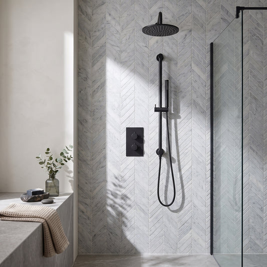 Fairford Element 7 Matt Black Concealed Shower Kit with Overhead, Handset and Overflow Filler