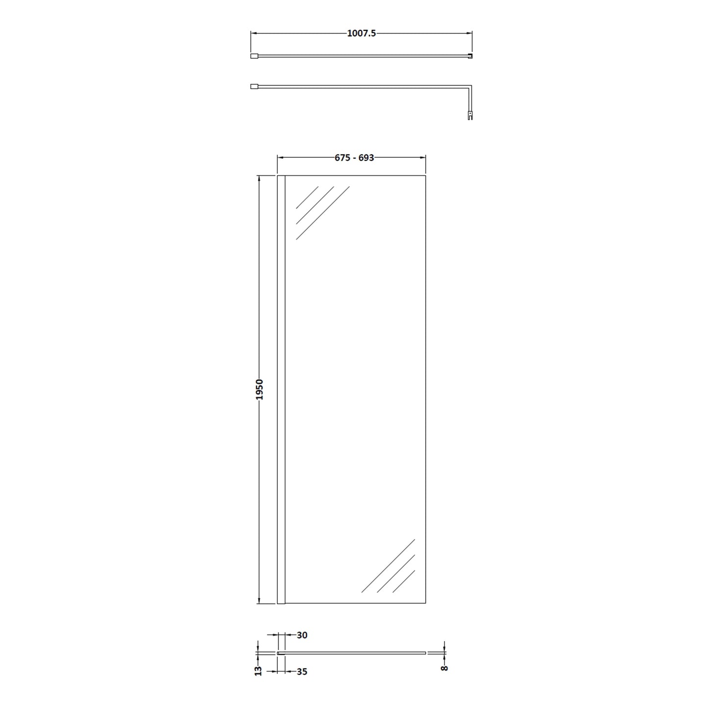 Fairford 700mm 8mm Matt Black Framed W/r Screen
