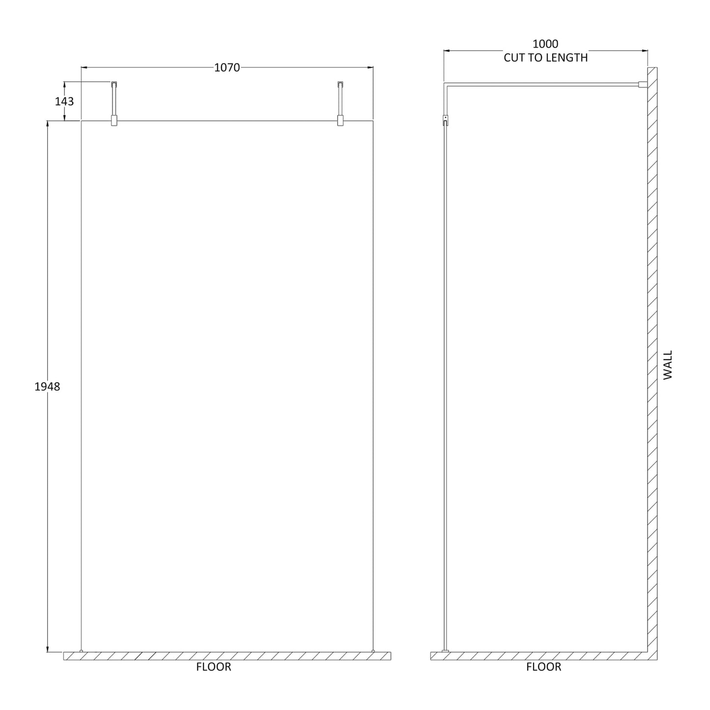 Fairford 1100mm 8mm Matt Black Framed W/r Screen, 2 Supp Arm