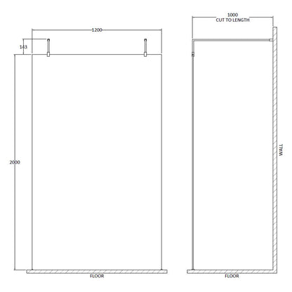 Fairford 1200mm 8mm Matt Black Framed W/r Screen, 2 Supp Arm