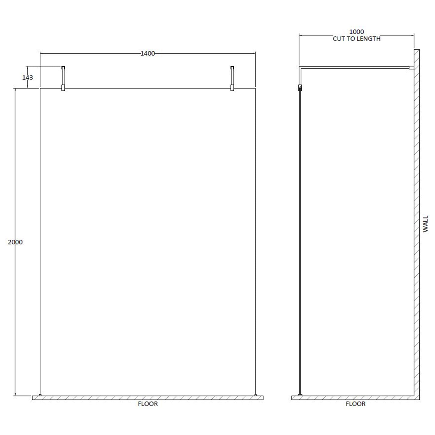 Fairford 1400mm 8mm Matt Black Framed W/r Screen, 2 Supp Arm
