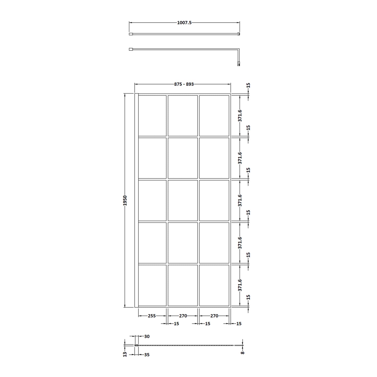 Fairford 900mm 8mm Matt Black Crittall W/r Screen