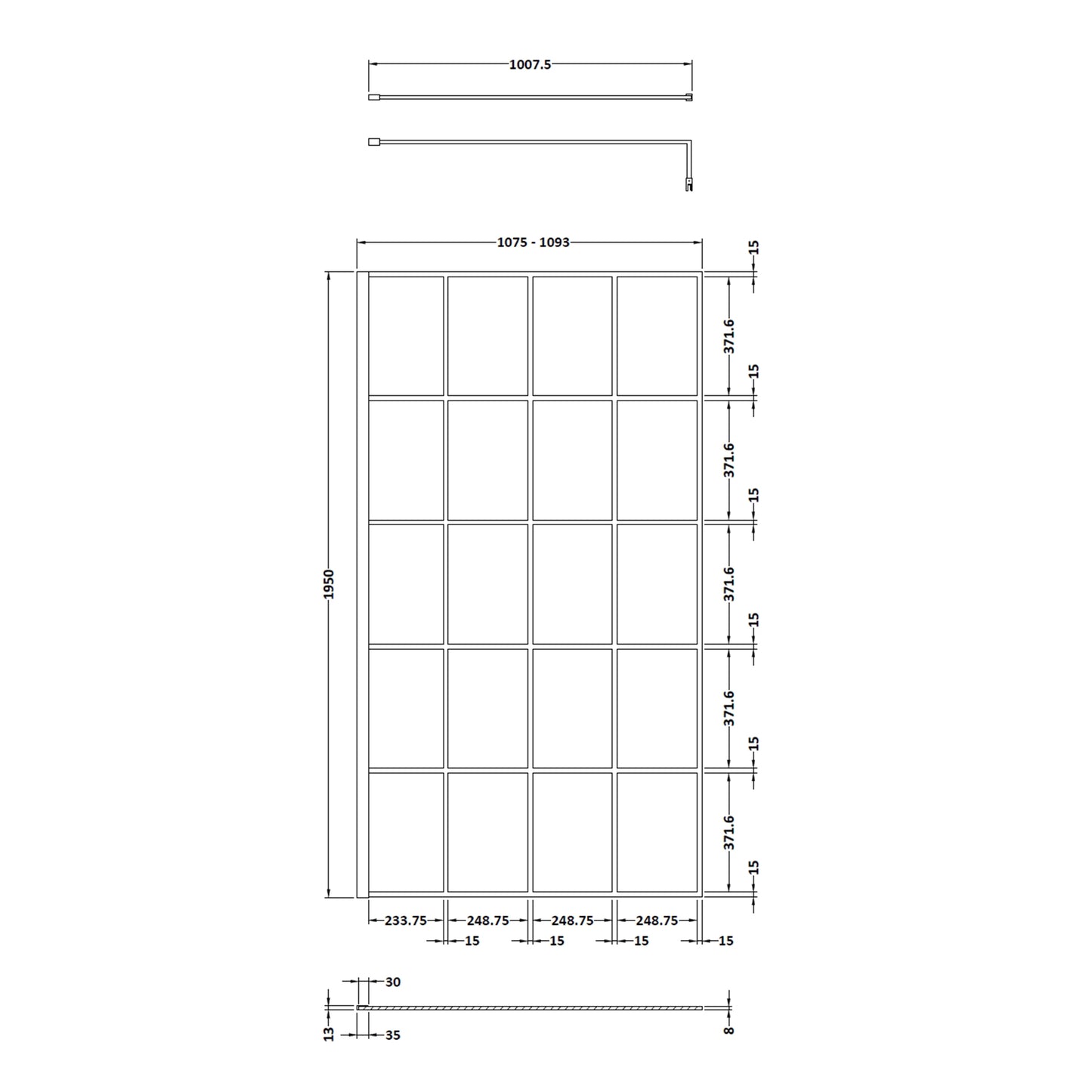 Fairford 1100mm 8mm Matt Black Crittall W/r Screen