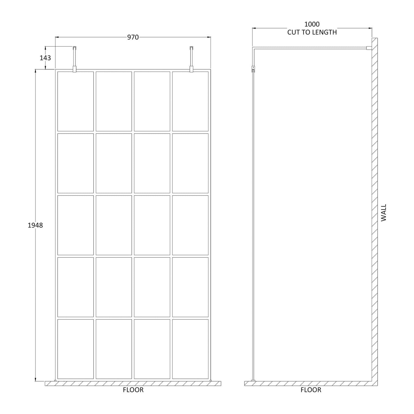 Fairford 1000mm 8mm Matt Black Crittall W/r Screen, 2 Supp A