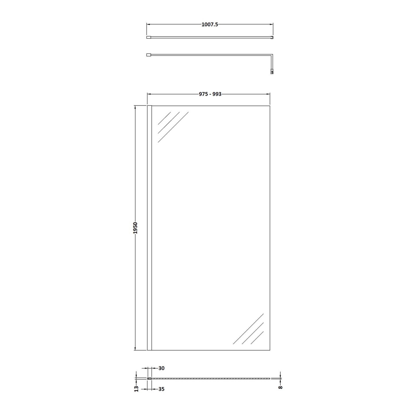 Fairford 1000mm 8mm Brushed Brass W/r Screen