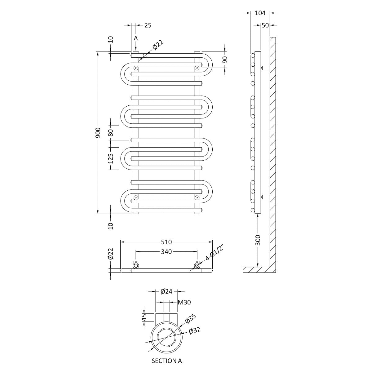 Fairford Loop 900 x 510mm Chrome Towel Rail