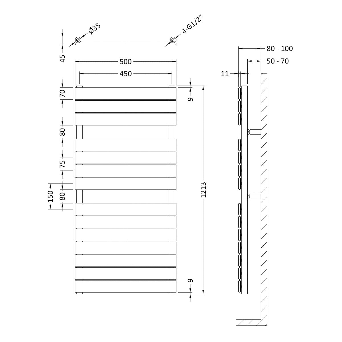 Fairford Flat Panel 1213 x 500mm Gloss White Towel Rail