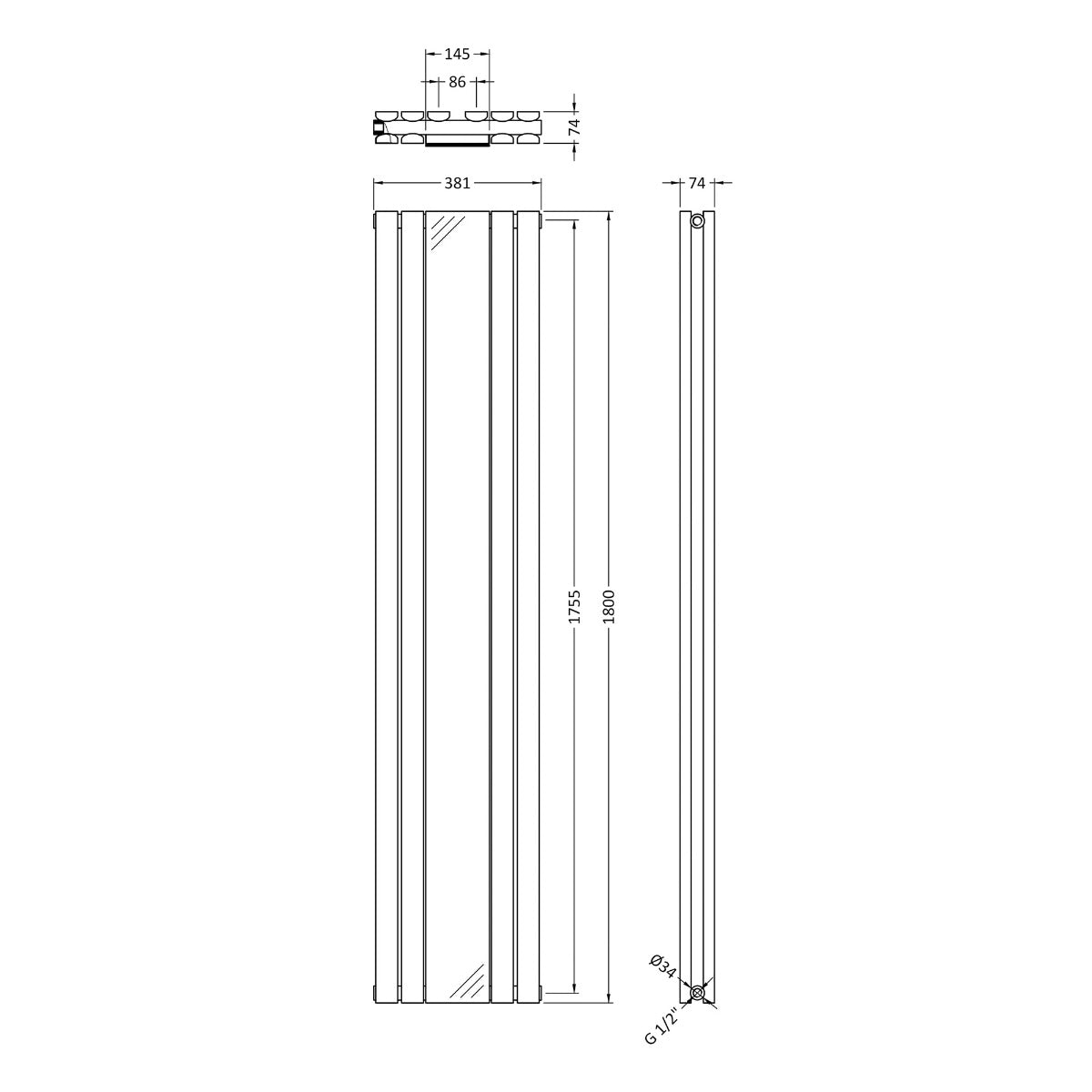 Fairford Hargate Double Panel 1800 x 354mm Anthracite Radiator with Mirror