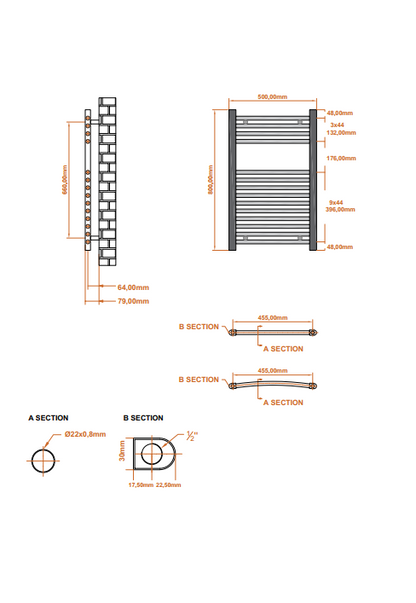 Fairford 500 x 800mm Straight Matt Black Towel Rail