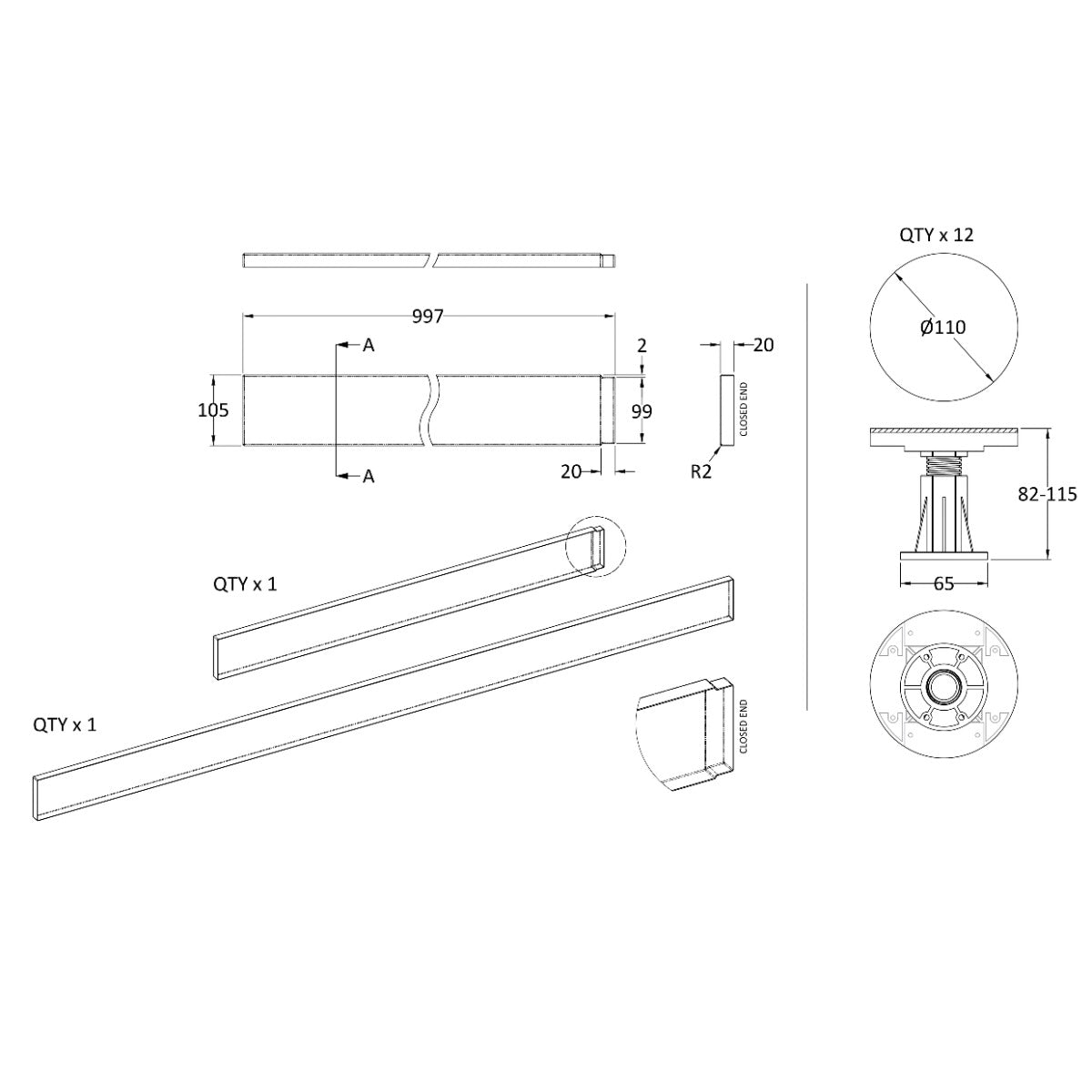 Rivato Gloss White Shower Tray Leg Kits with Plinth.  Suitable for 1300-1800mm Rivato Trays