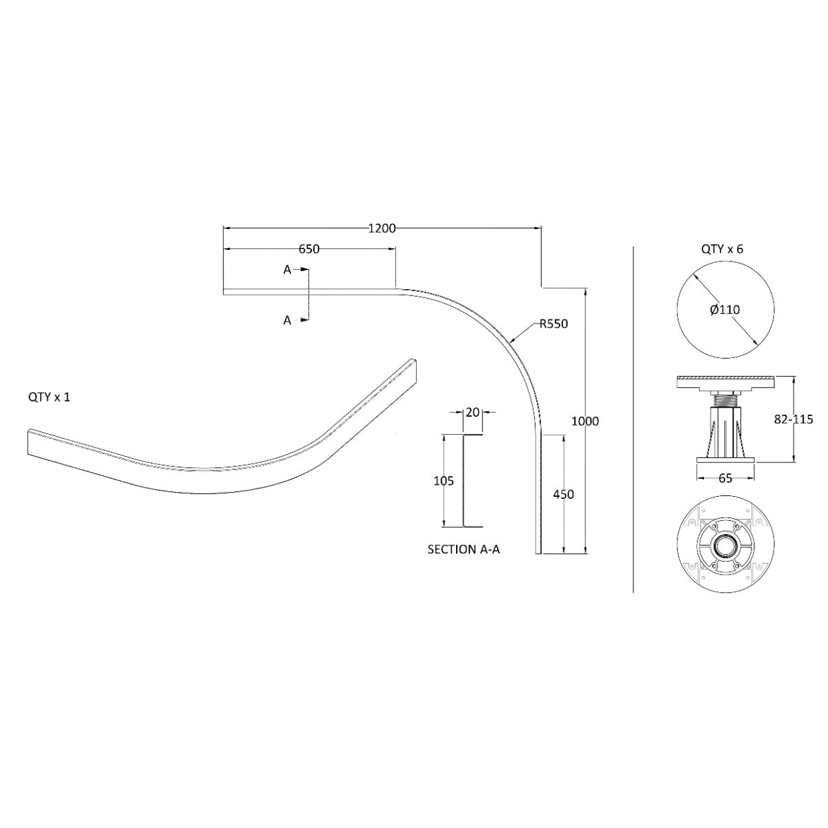 Rivato Gloss White Shower Tray Leg Kits with Plinth.  Suitable for 700-900mm Quadrant Rivato Trays