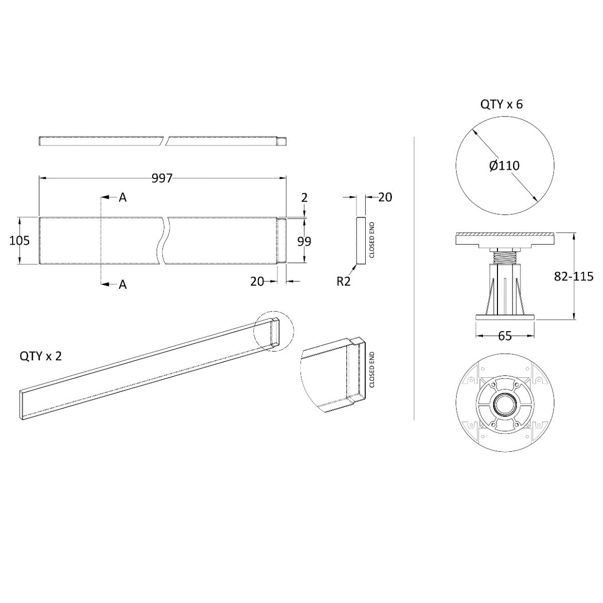 Rivato Slate Grey Shower Tray Leg Kits with Plinth.  Suitable for 700-900mm Rivato Trays