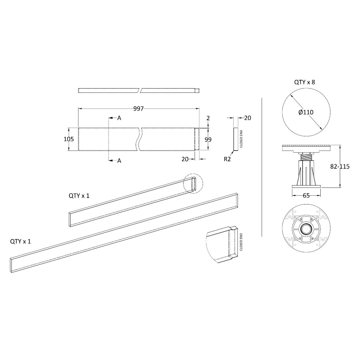 Rivato Slate Grey Shower Tray Leg Kits with Plinth.  Suitable for 1100-1200mm Rivato Trays