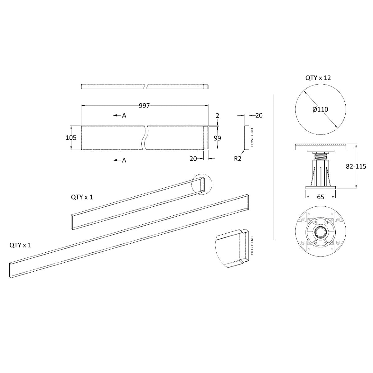 Rivato Slate Grey Shower Tray Leg Kits with Plinth.  Suitable for 1300-1800mm Rivato Trays