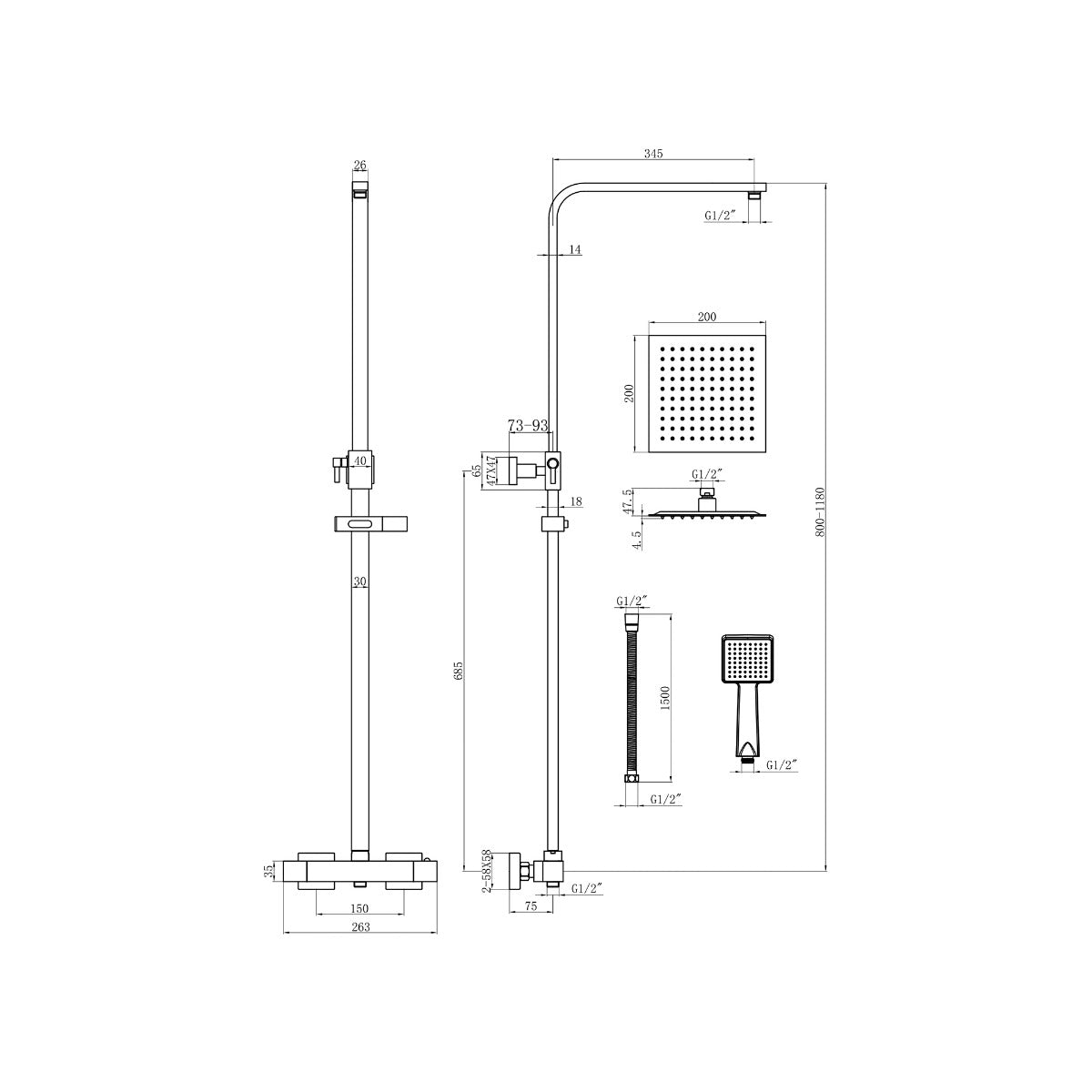 Fairford Una Exposed Square Shower Kit, Matt Black