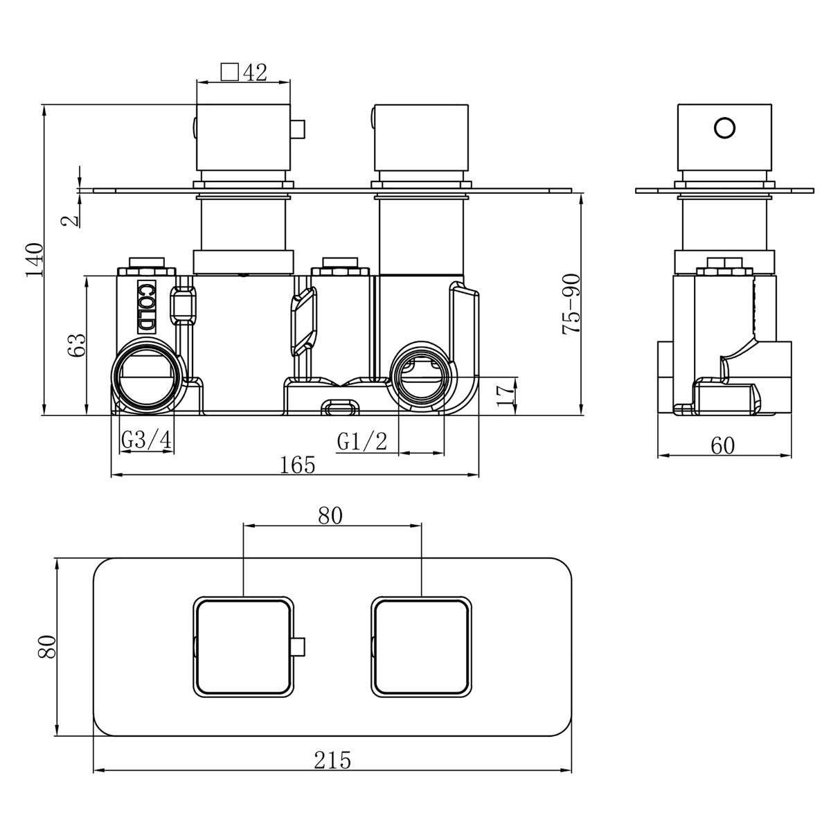 Fairford Una Chrome Square Concealed Twin Shower Valve with Diverter, 2 Outlet