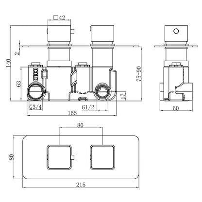 Fairford Una Chrome Square Concealed Twin Shower Valve with Diverter, 2 Outlet