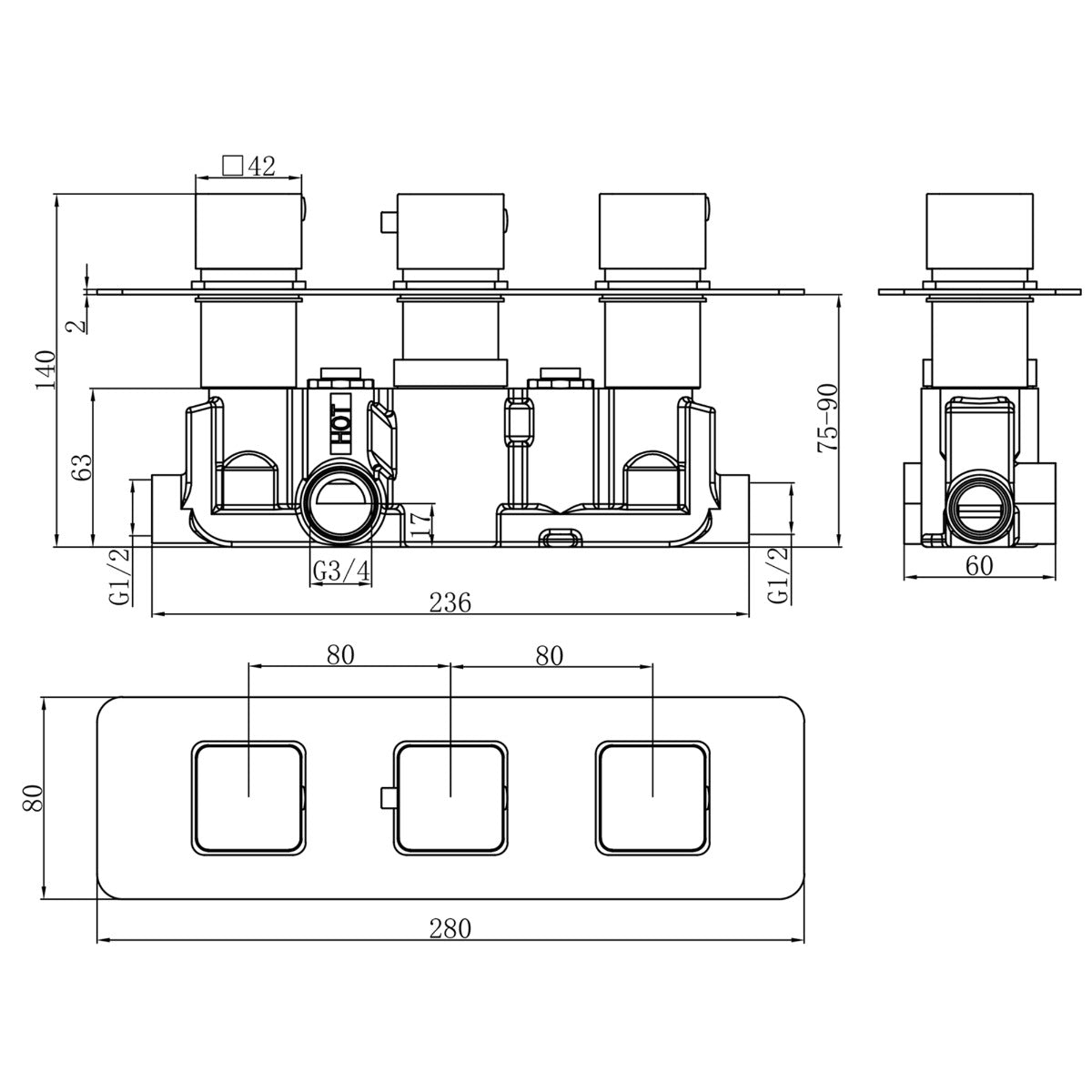 Fairford Una Chrome Square Concealed Triple Shower Valve, 2 Outlet