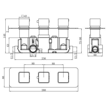 Fairford Una Chrome Square Concealed Triple Shower Valve, 2 Outlet