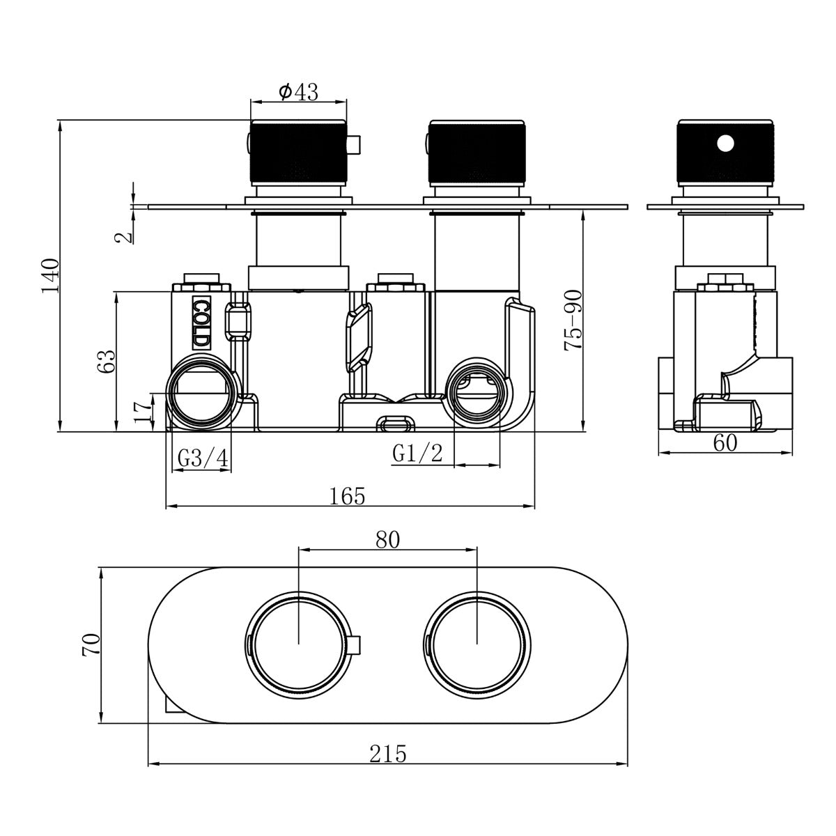 Fairford Element Chrome Round Concealed Twin Shower Valve with Diverter, 2 Outlet