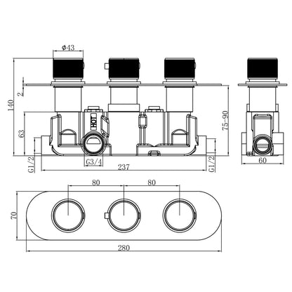 Fairford Element Chrome Round Concealed Triple Shower Valve, 2 Outlet