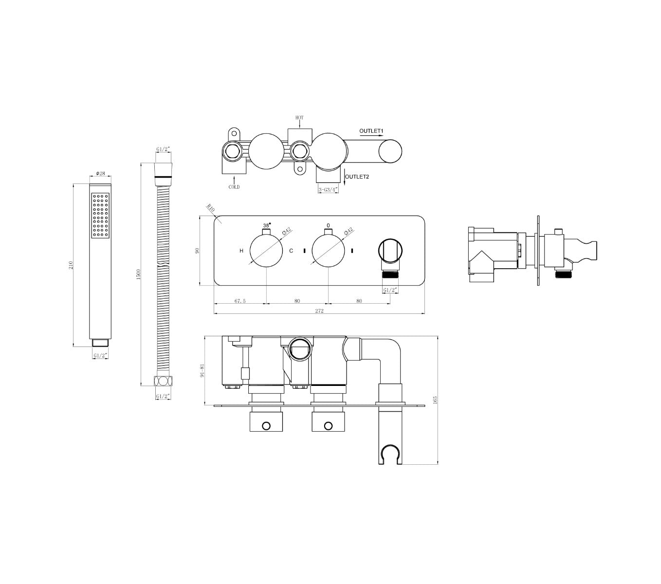Fairford Element Chrome Round Twin Valve with Integrated Handset, 2 Outlet