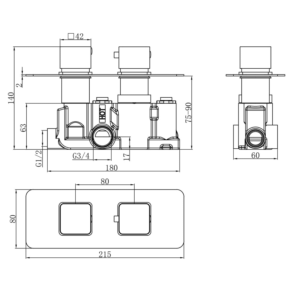 Fairford Una Matt Black Square Concealed Twin Shower Valve with Diverter, 2 Outlet