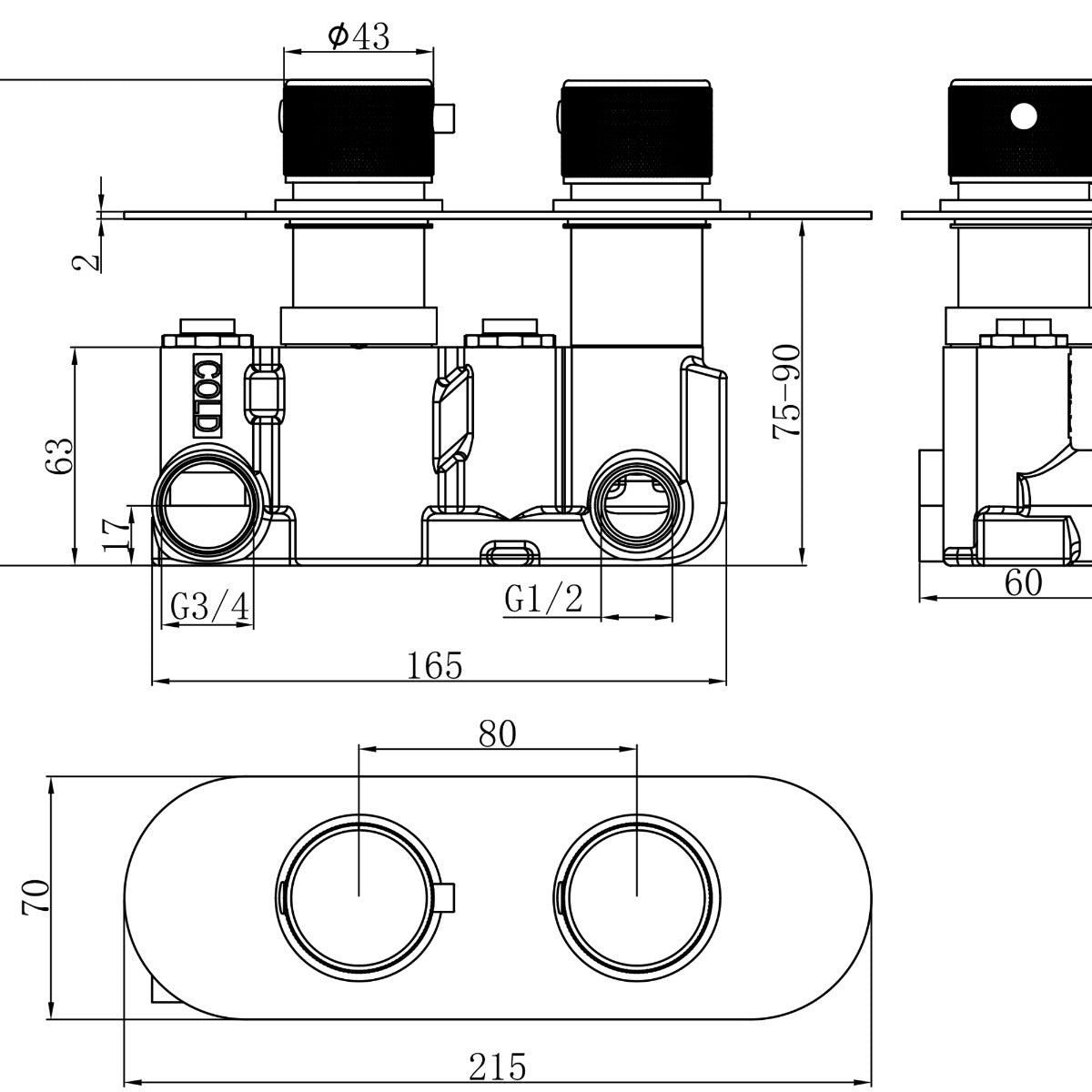 Fairford Element Matt Black Round Concealed Twin Shower Valve with Diverter, 2 Outlet