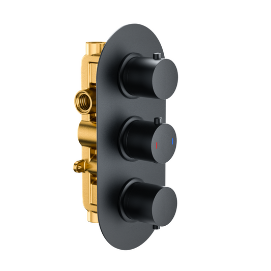 Fairford Element Matt Black Round Concealed Triple Shower Valve, 2 Outlet