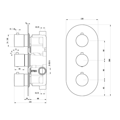 Fairford Element Matt Black Round Concealed Triple Shower Valve, 2 Outlet