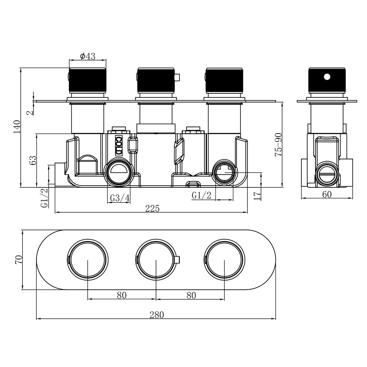 Fairford Element Matt Black Round Concealed Triple Shower Valve with Diverter, 3 Outlet