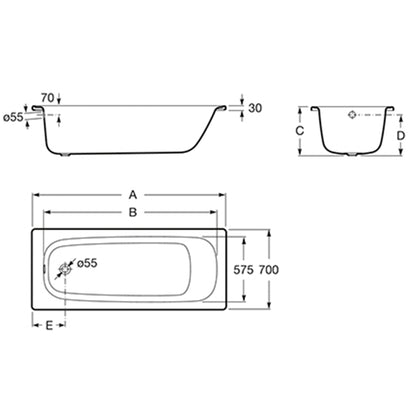 1700 x 700mm Steel Bath Twin Grips, 2TH, Anti Slip