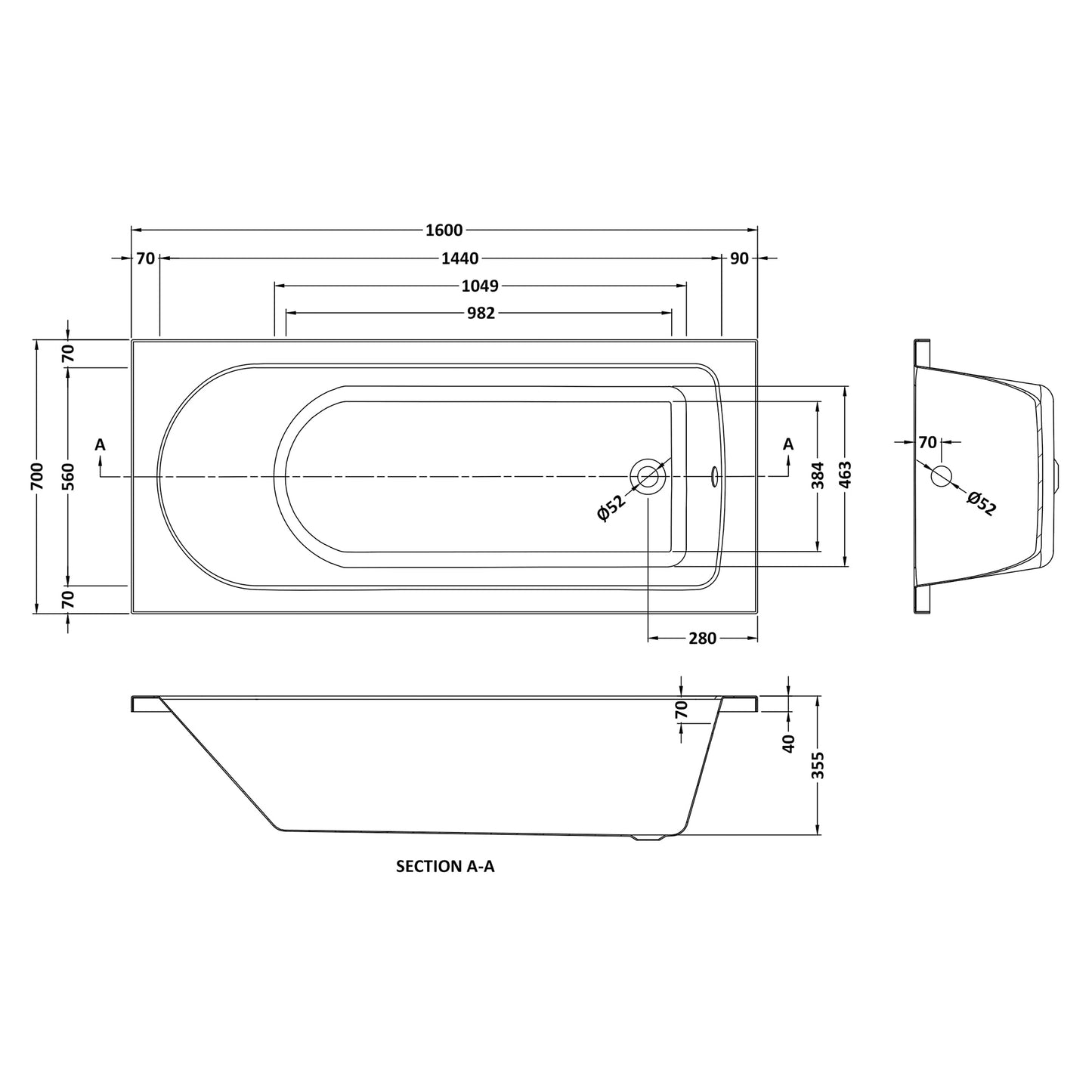Fairford Novus 1600 x 700mm Single Ended Straight Bath, 0TH