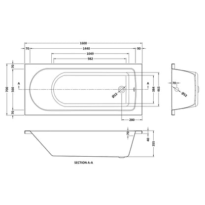 Fairford Novus 1600 x 700mm Single Ended Straight Bath, 0TH