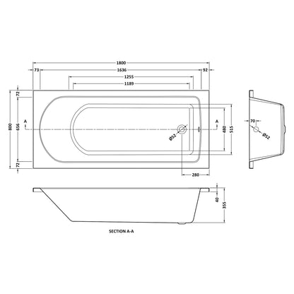 Fairford Novus 1800 x 800mm Single Ended Straight Bath, 0TH