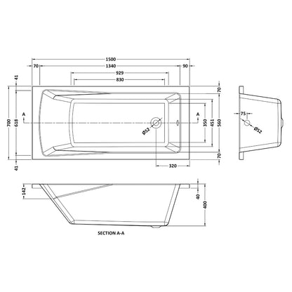 Fairford Dunsford 1500 x 700mm Sngl Ended Straight Bath, 0TH