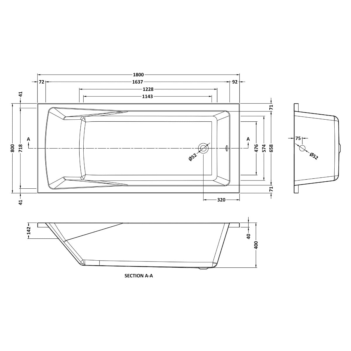 Fairford Dunsford 1800 x 800mm Sngl Ended Straight Bath, 0TH