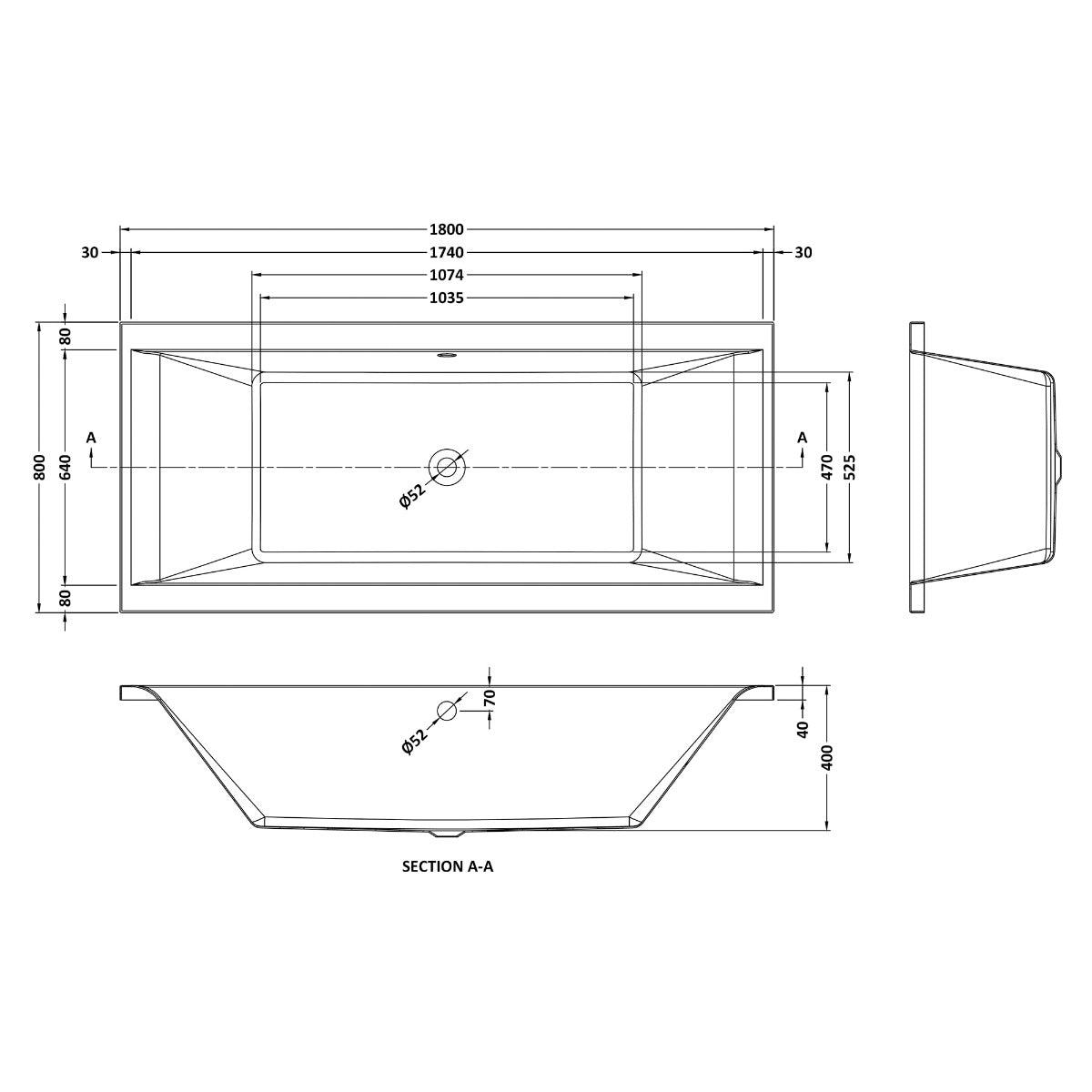 Fairford Onero 1800 x 800mm Double Ended Straight Bath, 0TH