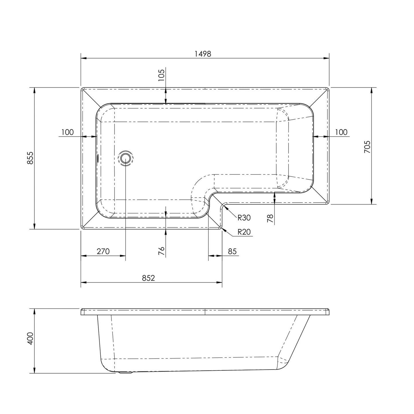 Fairford 1500 x 850mm L Shaped Left Hand Shower Bath